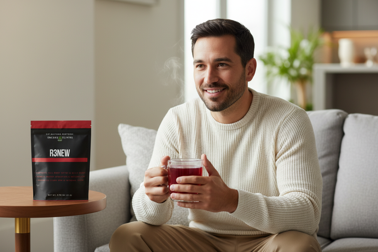 R3New™ lifestyle - man drinking hot crimson tea recovery ritual
